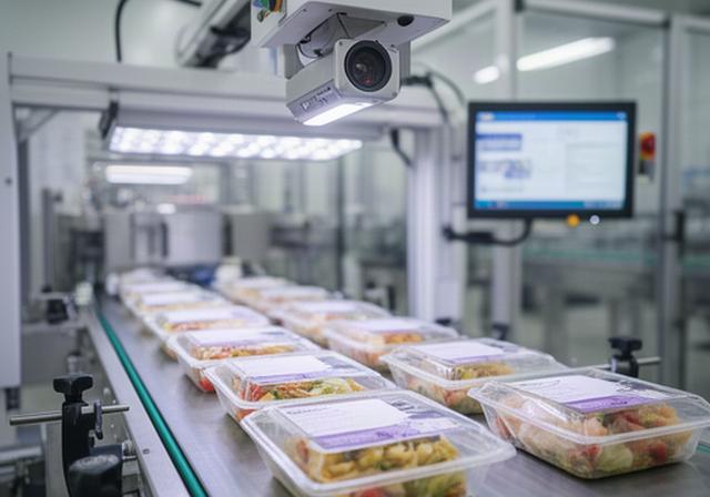 Sistema di visione artificiale che ispeziona prodotti alimentari su nastro trasportatore per controllo qualità